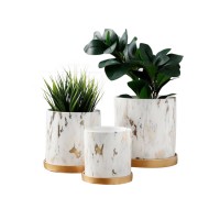 2020 New design marbled design straight tube ceramic flower planter pot with saucer for home decoration