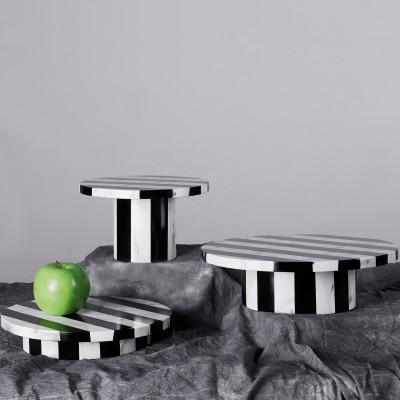 Cake holder serving tray black stripe white artificial marble